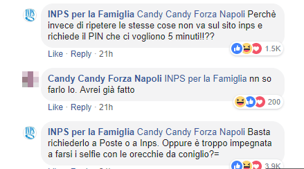 Commenti su Facebook tra Candy Candy Forza Napoli e il Social Media Manager dell'INPS